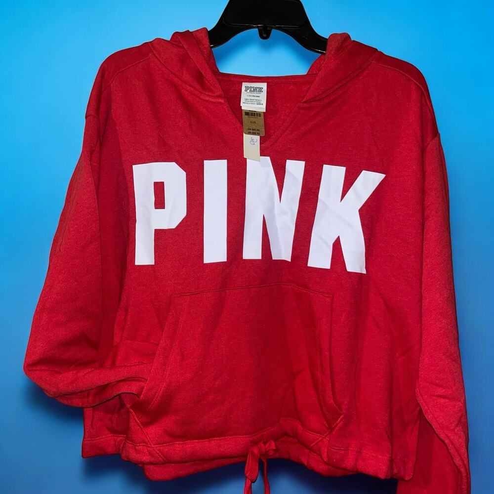 PINK Victoria’s Secret Women’s Large Red Drawstring Crop Hoodie Sweatshirt New